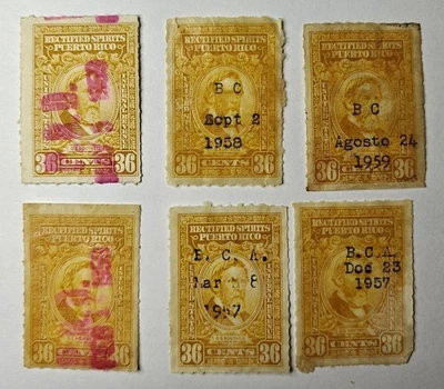 LOTE DE 6: Estampilla de ingresos de Puerto Rico de Estados Unidos Scott RE42 36¢ Impuesto de ron licores rectificados Foto 1 de 2