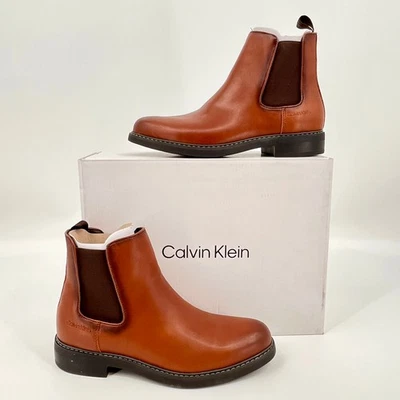 Botas Chelsea Calvin Klein Fenwick Talla 7.5 Cuero Marrón Pull-On Punta Redonda Foto 1 de 4