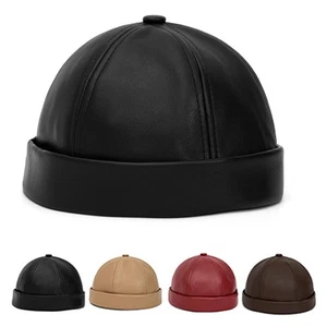 Men Retro Faux Leather Skull Beanie Hat Traditional Round Brimless Skullcap - Picture 1 of 5