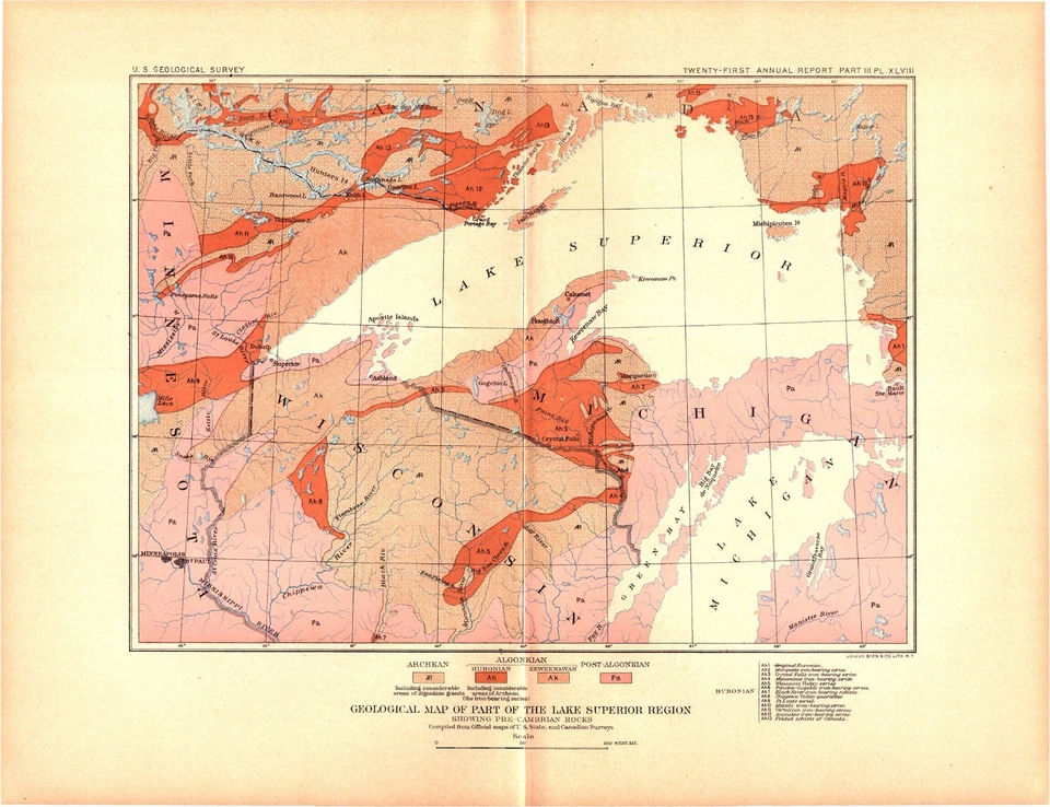 Озеро Верхнее Регион Геология - Антикварная Карта Мичигана Висконсина Миннесоты 1901 - Изображение 1 из 1