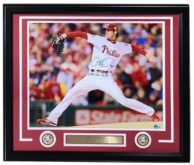 Foto firmada por Cole Hamels enmarcada 16x20 Phillies 08 WS MVP inscrita BAS ITP Foto 1 de 2