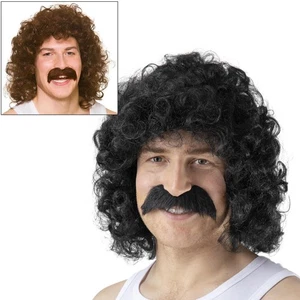 Curly Perm Wig With Moustache Bubble Hair Funny Scouser 80s 118 Fancy Dress - Picture 1 of 9