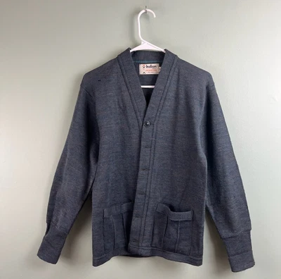 ¿Vintage años 60? Cárdigan Suéter Marca India Azul Lana Virgen Botones Bolsillos Med Foto 1 de 4