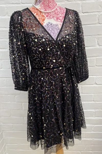 Nuevo Vestido Monzón Addy Imitación Envolvente Lentejuelas Reino Unido 12 Negro Transparente Fiesta - Imagen 1 de 10