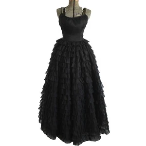 Vintage 1950s Small Black Chiffon Cupcake Bouffant Long Formal Gown - Picture 1 of 10