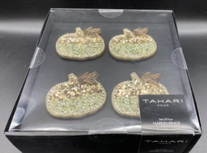 TAHARI Napkin Rings (Set of 4) PUMPKINS GREEN BROWN FALL BEADED NEW IN BOX - Picture 1 of 4