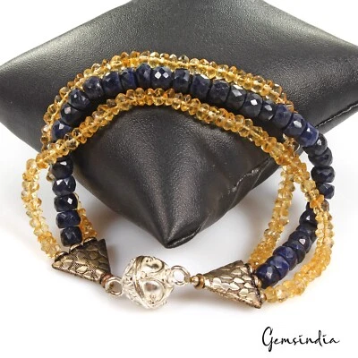 137.00 Ct Natural Blue Sapphire & Citrine Round Faceted Beaded Handmade Bracelet - Image 1 of 4