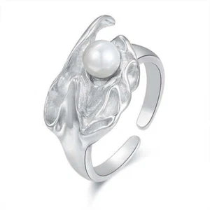 Modern Design Pearl Adjustable Open Ring Sterling Silver S925 18K Gold Plated - Picture 1 of 6