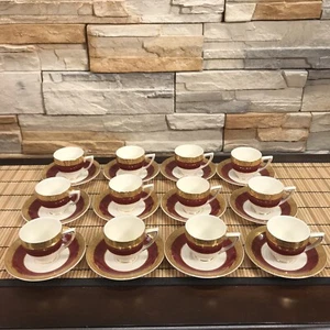 Set Of 12 Vintage Crown Ducal Maroon Gold Demitasse And Saucers Made In England - Picture 1 of 12