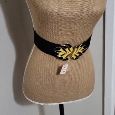 Vintage 1980s Black Elastic with Leaves Feather Enamel buckle Accessory belt - Image 1 of 4