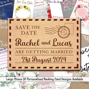 Postcard Stamp Personalised Wooden Wedding Save The Date Magnets & Backing Cards - Picture 1 of 7