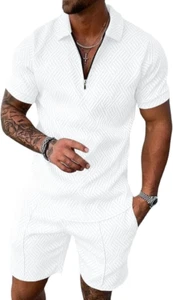 Men's 2 Piece Zip Tracksuit Polo Shirt & Shorts Set Short Sleeve White M (B21) - Picture 1 of 3