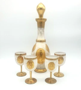 Czechoslovakian Hand Blown Crystal 5 Satin Glass & Decanter Gold Trim & Accents - Picture 1 of 17