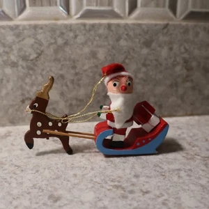 Santa Claus Sleigh Rudolph Hanging Christmas Ornament Holiday Wood Vintage - Picture 1 of 6