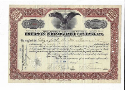 NUEVA YORK 1915 Emerson Phonograph Company Certificado de Acciones Firmado Victor Emerson Foto 1 de 2