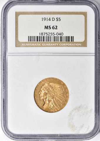 1914-D INDIAN HEAD $5 HALF EAGLE GOLD NGC MS62 Cover