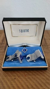 SWANK Mesh Cuffs And Tie Pin Set Silver/BLU VINTAGE IN BOX - Picture 1 of 4