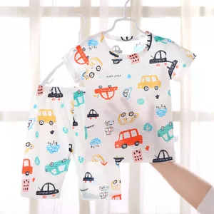 100% Cotton 2Pcs Pajamas Baby Kid Toddler Boys Cartoon Prints Mesh Short Sleeve - Picture 1 of 18