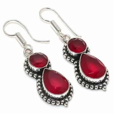 Mozambique Garnet Gemstone Handmade 925 Sterling Silver Jewelry Earring 2.01 " - Image 1 of 3