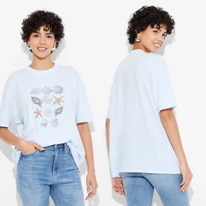 XS - Womens Short Sleeve Oversized Seashells T-Shirt - Wild Fable - Light Blue - Picture 1 of 7