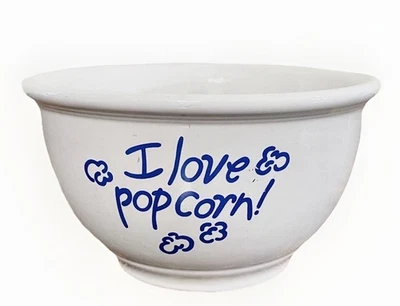 Vintage Gibson China Ceramic “I Love Popcorn!” Bowl White Blue Letters - Image 1 of 4