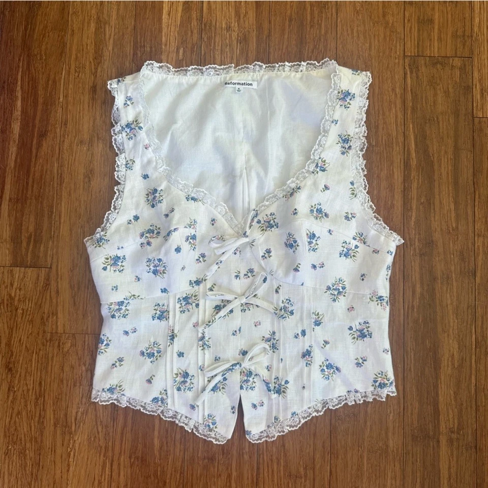 NUEVO SIN ETIQUETAS Reformation Brenda Lino Top Talla 4 Mujer’s Top Lazo Floral Encaje Camisa Foto 1 de 4