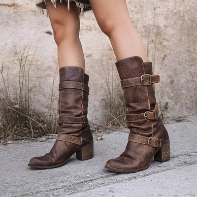 Botas altas Fiorentini + Baker de cuero con hebilla para mujer 7 37 marrón tacón bloque Foto 1 de 4