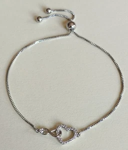 Sterling Silver 925 Diamante Heart Infinity Toggle Bracelet, Adjustable, Womens - Picture 1 of 5