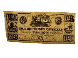 Republic of Texas $100 Dollar Bill Paper Currency 1839 Austin Facsimile Repro - Picture 1 of 2