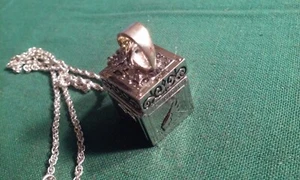 Prayer Peace Love Box Square Pendant on Silver-Tone Chain Magnetic Lid Empty - Picture 1 of 9