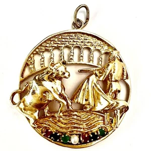 14K Solid Yellow Gold Bull & Matador Fight Charm Pearl Gems 35.5mm, 12.53g - Picture 1 of 10