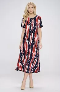 JOSTAR PATRIOTISCH ROT MARINEBLAU LANGES KLEID schräg Poly Spandex Strick S M L XL 2X 3X - Bild 1 von 8