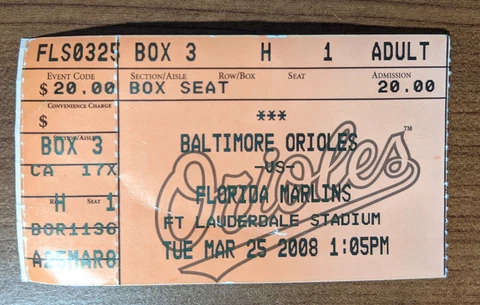 Miami Florida Marlins Ticket Stub 03-25-08 vs Orioles Ft Lauderdale Stadium Cover