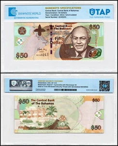 Bahamas 50 Dollars, 2012, P-75A, UNC, Authenticated Banknote - Picture 1 of 1
