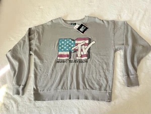 Womens MTV American Flag Gray Pullover Sweatshirt Size Medium Retro 1980’s NEW - Picture 1 of 13