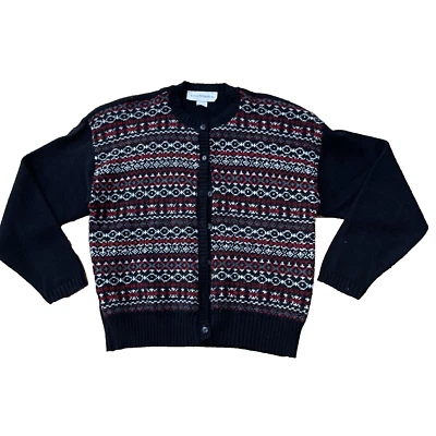 Cardigã suéter feminino Norton McNaughton vintage anos 90 M preto vermelho Fairisle EUA 42" - Imagem 1 de 4