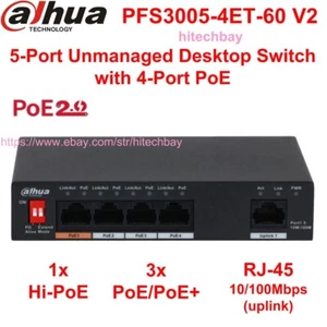 Dahua PFS3005-4ET-60 4-Port PoE Switch Unmanaged for PoE/PoE+/Hi-PoE IP Camera - Picture 1 of 4