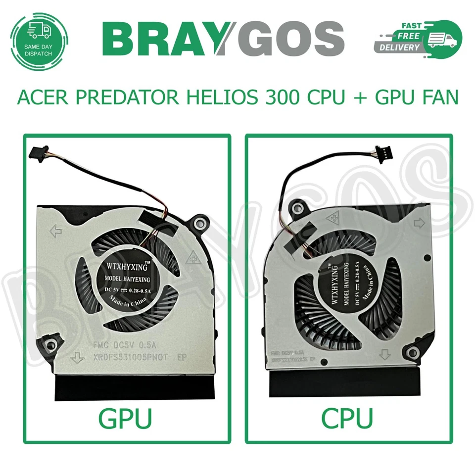 For Acer Predator Helios 300 PH315-53 CPU & GPU Cooling Fan DC28000QEF0 - Image 1 of 1