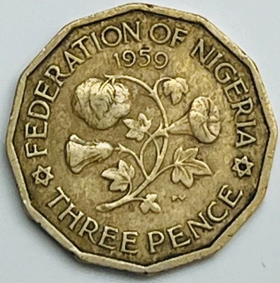 Nigeria 1959 3 peniques KM# 3 estado circulado Foto 1 de 3