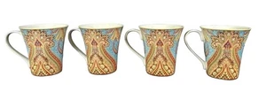 222 FIFTH DEMURE Turquoise Paisley Set Of 4 Coffee Mugs Pier One Style - Picture 1 of 4