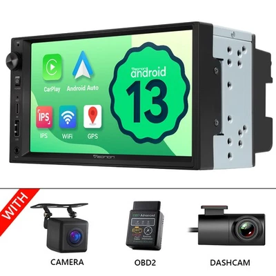 CAM+OBD+DVR+Double DIN Android 13 Auto 7" Car Play Stereo GPS Sat Nav Radio WiFi - Image 1 of 4
