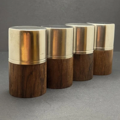 4 recipientes de especias de acero inoxidable y nogal MCM raros de colección cajas de pellizcos de bodega de sal frascos Foto 1 de 4