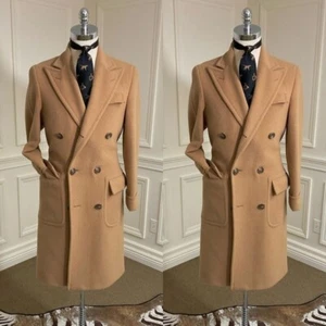 Camel Wool Men's Overcoat Double Breasted Peak Lapel Winter Warm Outdoor Wear - Picture 1 of 7