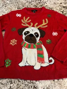 Large Forever 21 Holiday Christmas Red Seasonal Knit Damen Pullover Welpe Hund L - Bild 1 von 10
