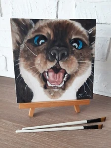 Gato siamés pintura original arte para mascotas gato ojos azules obra de arte al óleo 8 por 8. - Imagen 1 de 8