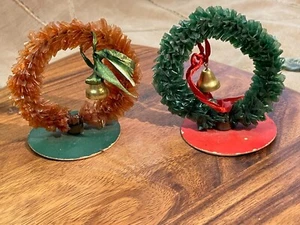 2 Vintage 3.5" Cellophane Wreaths with Bells & Ribbon - Standing or Tabletop - Picture 1 of 6