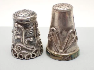 2 Vintage Ornate Thimbles 925 Sterling Silver Tallest Abalone Mexico 9.4g - Picture 1 of 11
