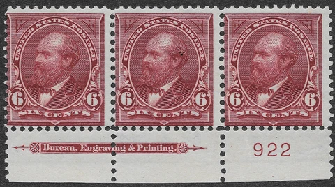 US Scott #282 Plate # Strip (3) MH 6c Lake Garfield SCV $190 Cover