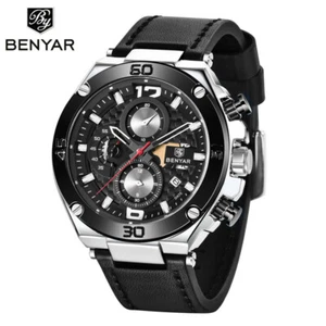 Luxury BENYAR Men Pilot Quartz Watch Leather Band 30M Waterproof Chronograph - Picture 1 of 14