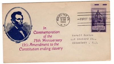 #902 Emancipation Lincoln 13th Ammendment 1940 First Day Cover - Unlisted - Image 1 of 2